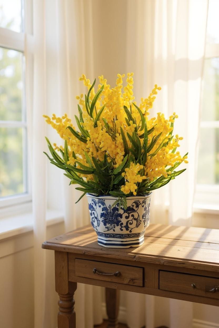 Yapay mimoza çiçeği sarı tonlarda dekoratif çiçek aranjmanı