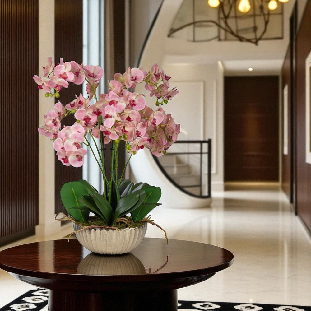 Pembe yapay orkide aranjmanı cam vazoda dekoratif çiçek