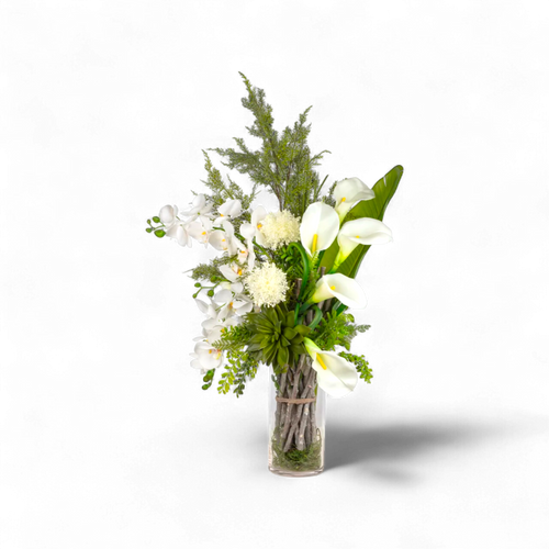 Beyaz Lilyum ve Orkide Aranjmanı – Cam Vazoda