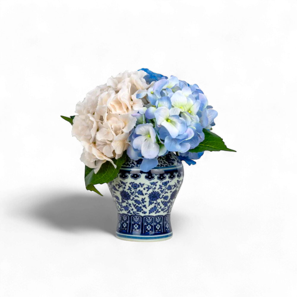 Mavi & Krem Ortanca Aranjmanı – Bleu Blanc Vazoda