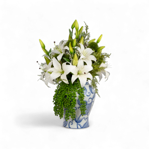 Beyaz Lilyum Aranjmanı – Bleu Blanc Seramik Vazoda